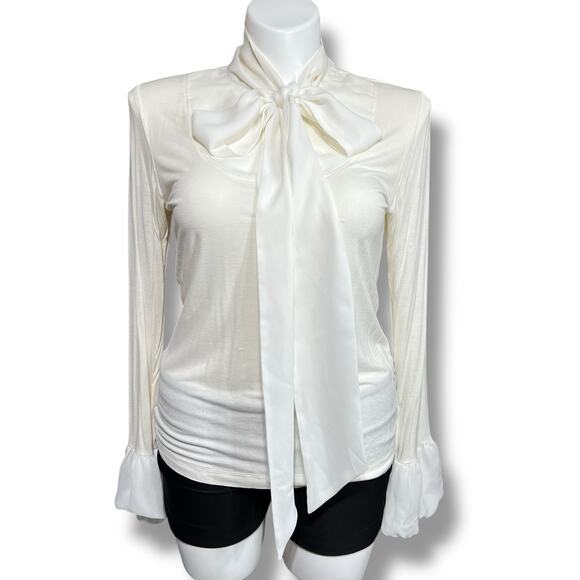 CAbi Womens Blouse Shirt Top Chiffon Tie Collar Bouffant Cuffs Cream Style 761 - Picture 1 of 11